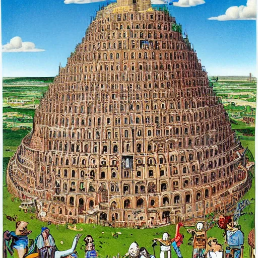 Image similar to the tower of babel, cartoon scene, by sergio aragones