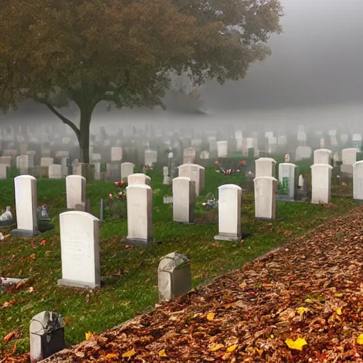 Prompt: A graveyard, with headstones and crypts, and a foggy mist rolling in, in a Halloween style.