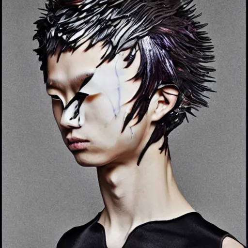 Prompt: a beautiful young japanese male wearing iris van herpen, painted by michelangelo