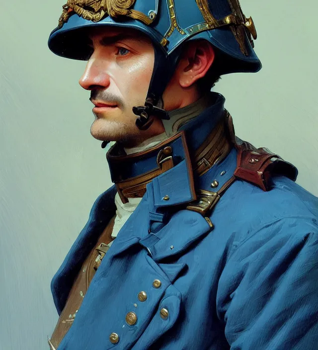 Prompt: portrait of a french man wearing a blue traditional nineteenth century military jacket, metal shoulder pauldrons, intricate, highly detailed, digital painting, artstation, concept art, sharp focus, cinematic lighting, illustration, art by artgerm and greg rutkowski, alphonse mucha, cgsociety