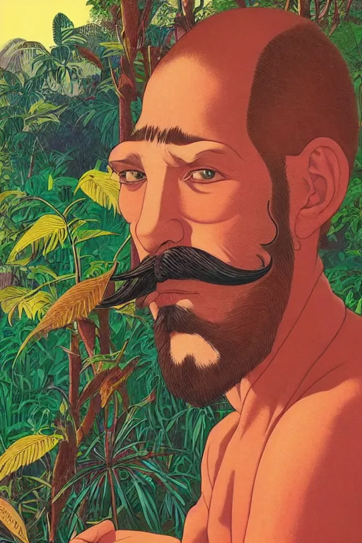 Image similar to a colorful closeup portrait of a handsome young bald man with a very long wild beard and handlebar moustache riding a motorcycle and dreaming psychedelic hallucinations in the overgrown landscape of amazon jungle, by kawase hasui, moebius and edward hopper, colorful flat surreal design, hd, 8 k, artstation