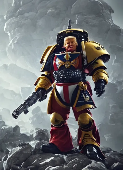 Image similar to donald trump is a space marine, digital render, hyper detailed, ultra sharp, cinematic, natural soft light, rim light, octane render, artstation