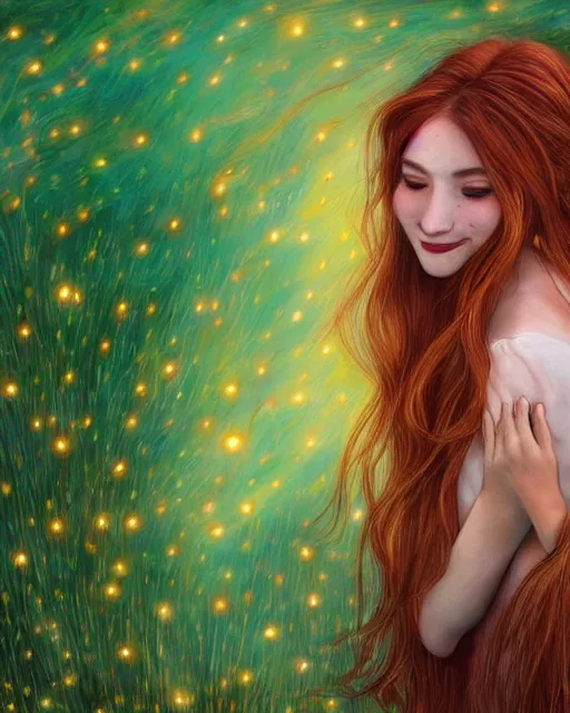 Image similar to infp girl, smiling, amazed by the lights of golden fireflies, amidst nature fully covered, long loose red hair, intricate linework, dreamy green eyes, small nose with freckles, oval shape face, realistic, expressive emotions, dramatic lights, spiritual scene, hyper realistic ultrafine art by battistello caracciolo, albert bierstadt and artgerm