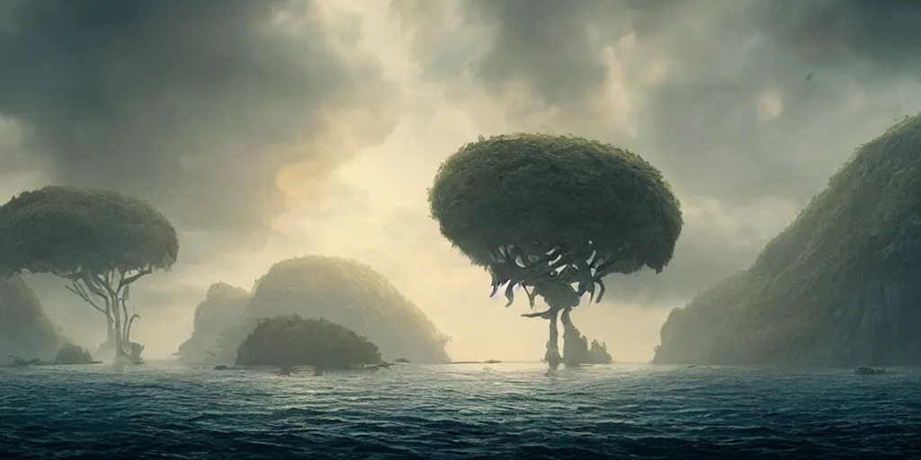 Prompt: screenshot from a movie, scull island, epic matte painting of a misty jungle island on choppy seas, cinematic cinematography masterpiece, skull, greg rutkowski, and ivan aivazovski, roger deakins