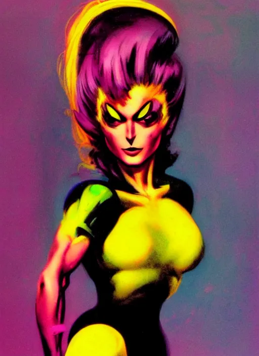 Image similar to female evil android, neon hair, glowing skin, strong line, saturated color, beautiful! coherent! by frank frazetta, high contrast, minimalism