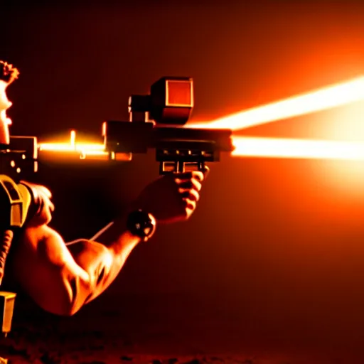 Image similar to high detail movie still of spongebob squarepants shooting an ak - 4 7 machine gun with muzzle flash, cinematic framing rule of thirds, cinematic light, hard shadows, in the style of the movie lone survivor,