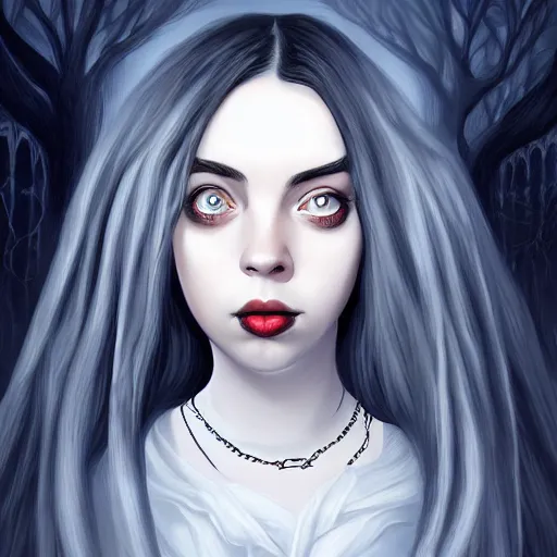 Prompt: a gothic portrait painting of billie eilish by cyril rolando