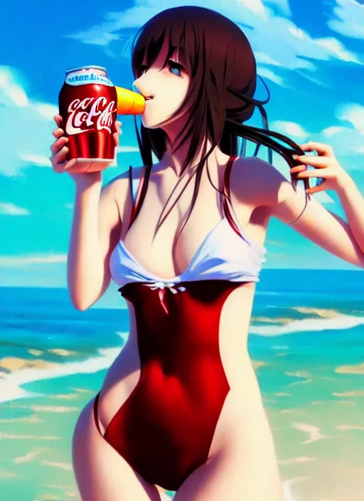 Image similar to full body picture of a extremely beautiful and attractive and cute and aesthetic girl drinking a coke, highly detailed face, very thirsty, dripping on the body, sharp focus, shiny day on the beach, specular reflection, occlusion shadow, trending on artstation, epic light novel cover art, art by ilya kuvshinov and sakimichan and jeremy lipking