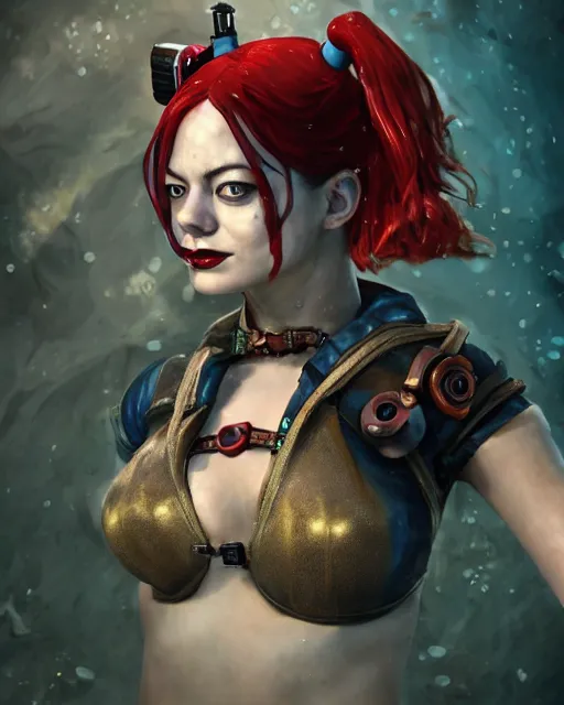 Image similar to underwater steampunk portrait of emma stone as harley quinn, au naturel, hyper detailed, digital art, trending in artstation, cinematic lighting, studio quality, smooth render, unreal engine 5 rendered, octane rendered, art style by klimt and nixeu and ian sprigger and wlop and krenz cushart.