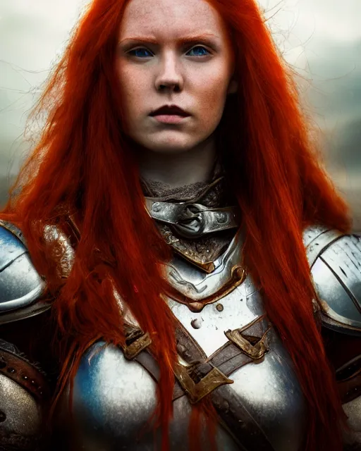 Image similar to north female warrior, red hair, ginger hair, long hair, fantasy, female Viking, high detailed, photography, cloudy, lightweight leather armour, Scandinavia, plain, detailed face, cute face, model, glowing skin, serious face, full body, professional photographer, masterpiece, 8k, 3D