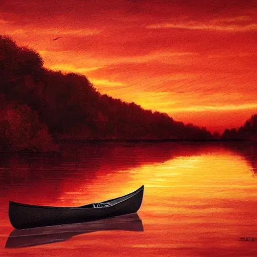 Prompt: canoe in a river, romanticism art style, red sunset