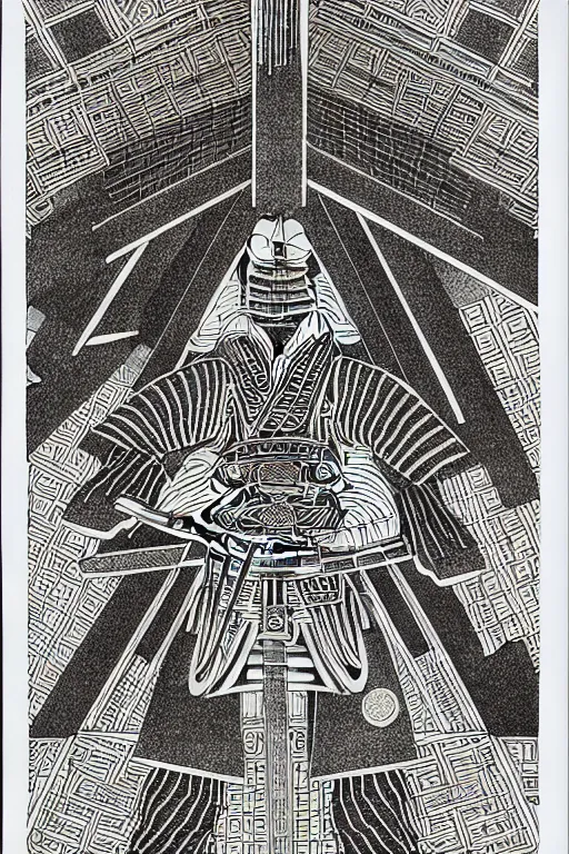 Prompt: a black and white drawing of an ancient future japanese temple samurai, a detailed mixed media collage by hiroki tsukuda and eduardo paolozzi and moebius, intricate linework, sketchbook psychedelic doodle comic drawing, geometric, street art, polycount, deconstructivism, matte drawing, academic art, constructivism