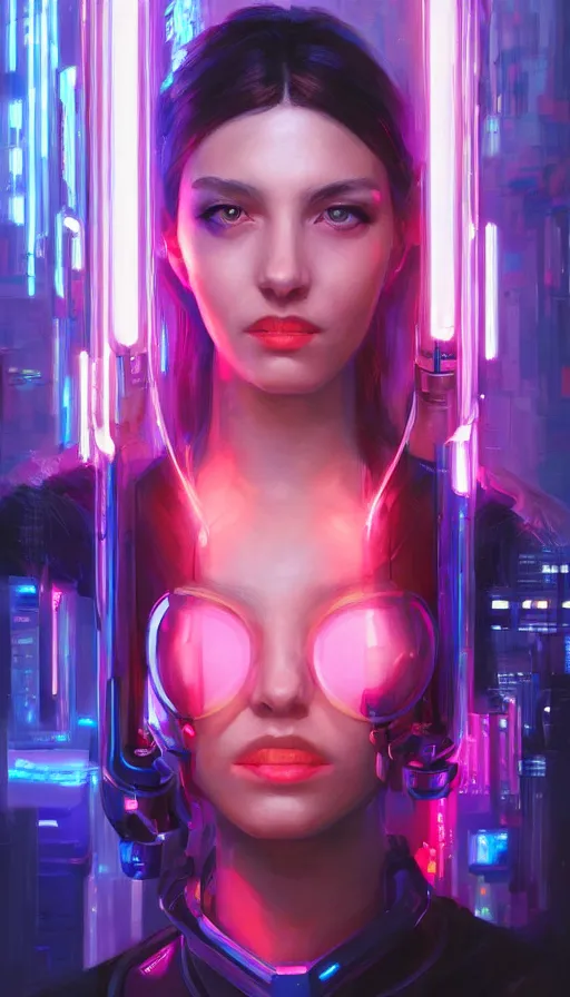 Image similar to a portrait of a beautiful cyberpunk woman with augmentations, neon reflections, by mandy jurgens, highly detailed, HD, oil on canvas