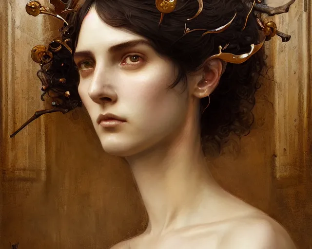 Image similar to medium shot, symmetrical face, face enhancement, by jaime jones, tom bagshaw, lawrence alma - tadema, greg rutkowski, deviantart contest winner, fantasy art, intricate, elegant, highly detailed, 8 k, digital painting, concept art, sharp focus, illustration, golden ratio, mythological, ultra realistic, cinematic lighting, maximalist