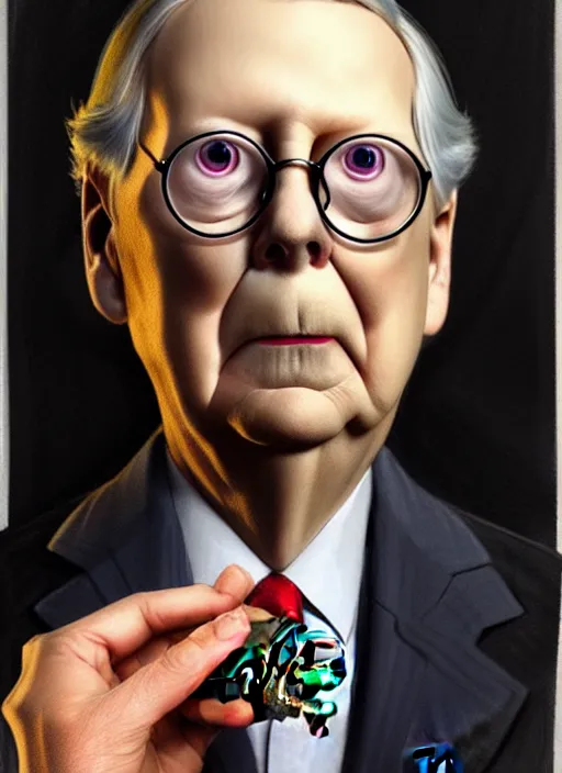 Prompt: concept art by artgerm, amazingly beautiful portrait of a hyper realistic, frowning, sad mitch mcconnell as a turtle!!! caricature 3 d by greg rutkowski, artgerm, alphonse mucha,