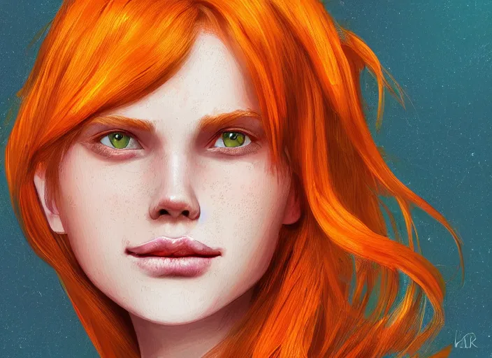 Image similar to portrait of a beautiful smiling girl with orange hair and freckles, green eyes, highly detailed, digital painting, style by Lera Kiryakova artstation, concept art, smooth, sharp, focus, illustration. background is purple