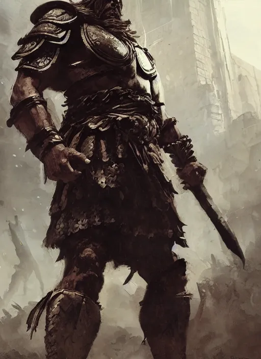 Image similar to ancient historically accurate depiction of the Bible Character Goliath of Gath, the Philistine warrior giant in ancient persian chainmail armor, dramatic lighting art by Yoji Shinkawa by Richard Schmid by greg rutkowski by Sandra Chevrier by Jeremy Lipking cinematic dramatic