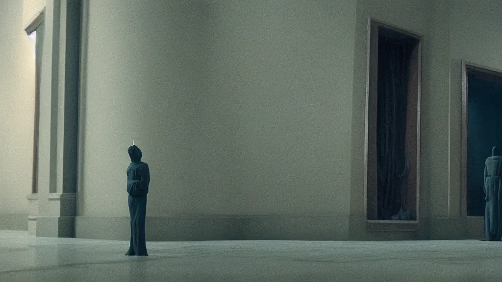 Prompt: the strange creature in line at the bank, made of wax and water, film still from the movie directed by Denis Villeneuve with art direction by Zdzisław Beksiński, wide lens