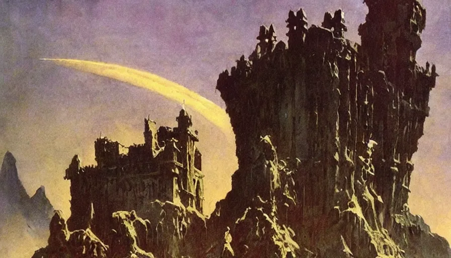 Image similar to an evil fortress, artwork by frank frazetta
