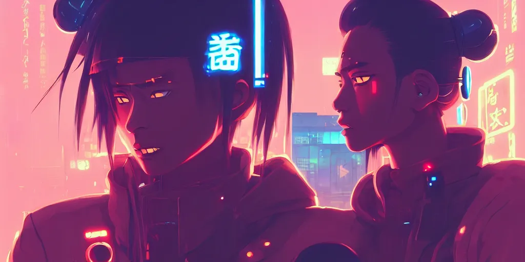 Image similar to digital illustration closeup portrait of cyberpunk samurai in city street at night by makoto shinkai, ilya kuvshinov, lois van baarle, rossdraws, basquiat | afrofuturism, in the style of hearthstone, trending on artstation | cool color scheme