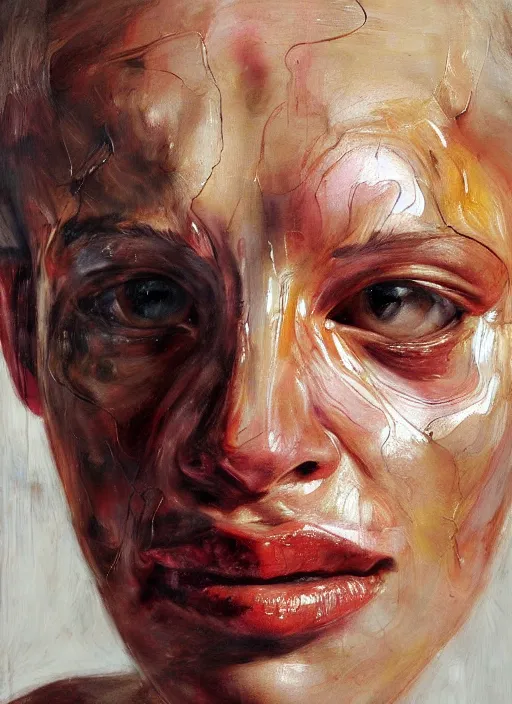 Image similar to high quality high detail painting by jenny saville, hd, a skinny beautiful woman, her face is breaking into pieces, photorealistic lighting