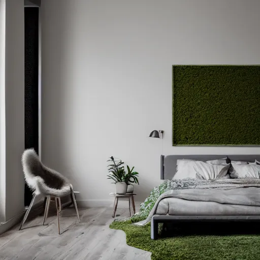 Image similar to concrete brutality bedroom interior, moss lining the walls, morning sunlight