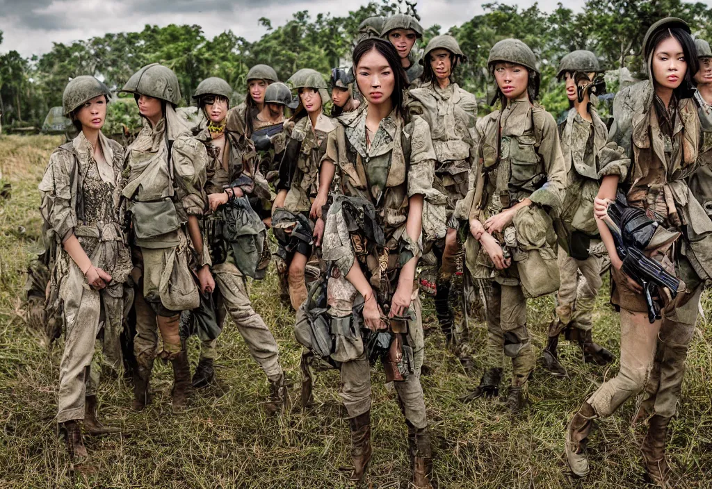 Image similar to fashion editorial in Vietnam war battlefield. wide angle shot. highly detailed.