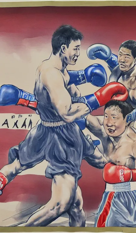 Prompt: Shen Quan's 'zuckerberg in a boxing match', hanging scroll, ink and colours on silk