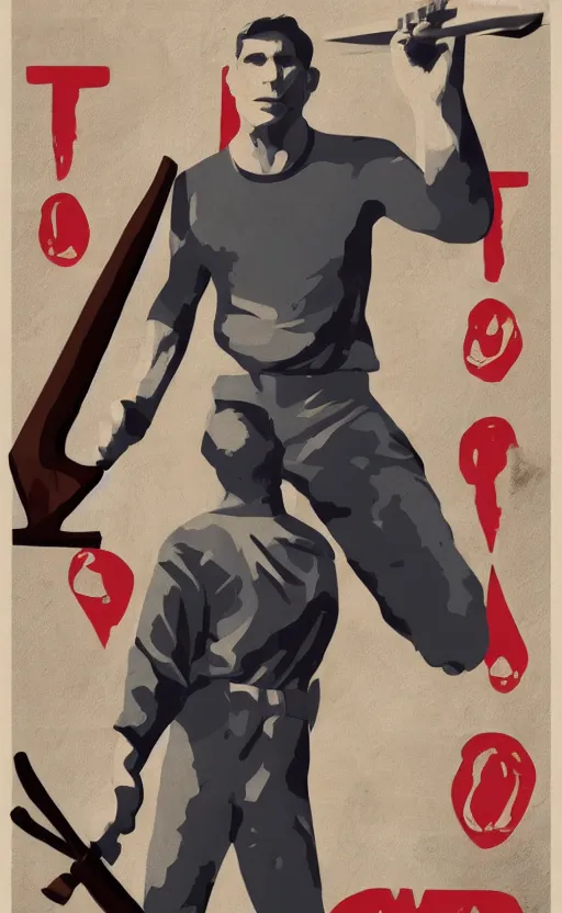 Image similar to propaganda poster jerma holding an axe, 8 k, trending on artstation