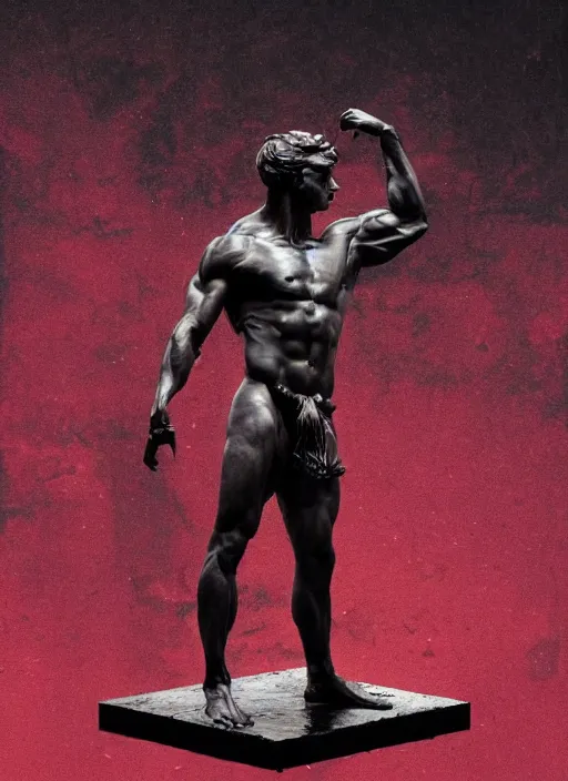 Image similar to dark design poster showing a muscular greco roman statue, black background with very subtle red and purple design elements, powerful, nekro, vito acconci, thin straight lines, dark, glitch art, neo vaporwave, gritty, layout frame, square, trending on artstation