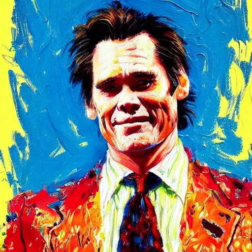 Image similar to jim carrey by leroy neiman, intricate, ultra detailed painting, atmospheric lighting, golden hour