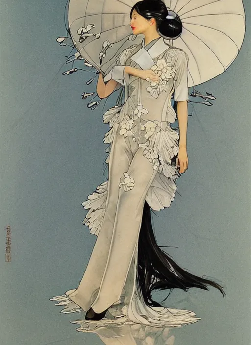 Image similar to a copic maker art nouveau portrait of a real japanese model girl detailed features wearing a puffy futuristic weeding puffy and latex suit dress designed by balenciaga by john berkey, norman rockwell akihiko yoshida