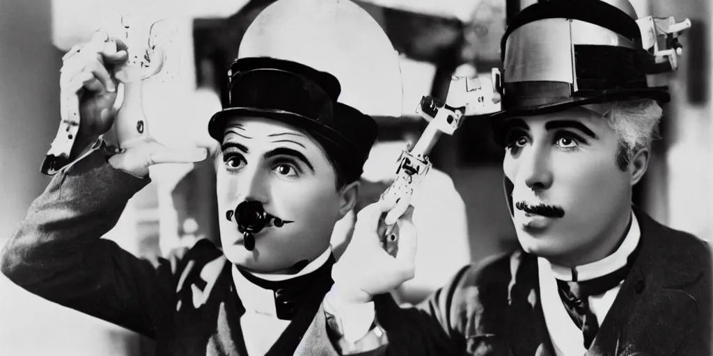 Prompt: charlie chaplin as gigachad robot officer, award winning photography, 6 0 - s, close up