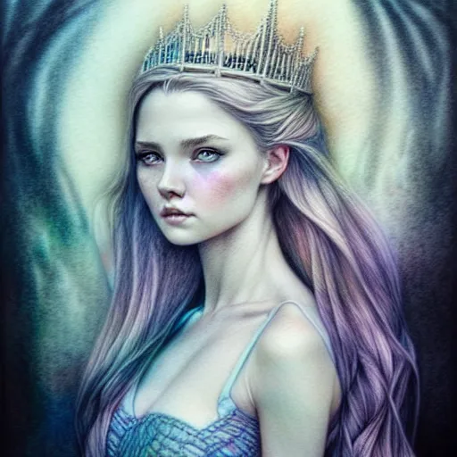 Prompt: hyper realistic pencil drawing of a fantasy princess, muted water color, full portrait, detailed, rim light, diffused, intricate, by anna dittmann