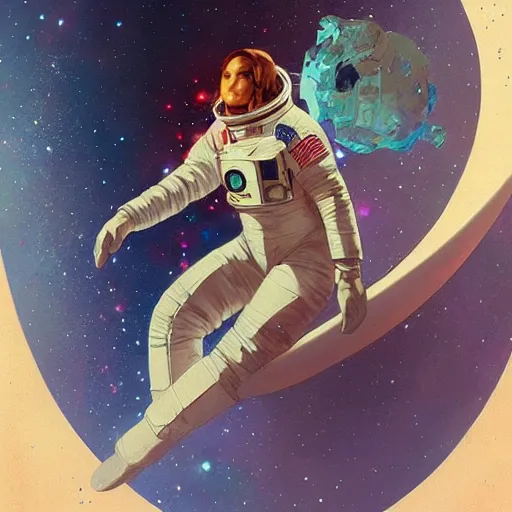 Prompt: an astronaut fleeing the moon by artgerm, greg rutkowski, alphonse mucha