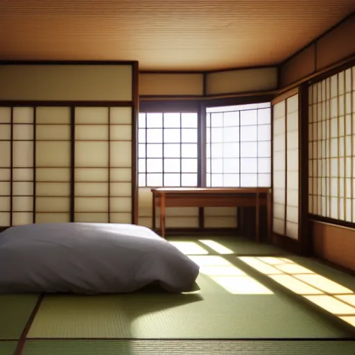 Image similar to still photo of a japanese guest room, highly detailed, photorealistic portrait, bright studio setting, studio lighting, crisp quality and light reflections, unreal engine 5 quality render