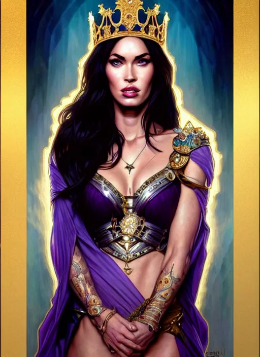 Image similar to portrait of megan fox as a queen, throne, jewelry, greek, amethyst, intricate, headshot, highly detailed, digital painting, artstation, concept art, sharp focus, cinematic lighting, illustration, art by artgerm and greg rutkowski, alphonse mucha, cgsociety