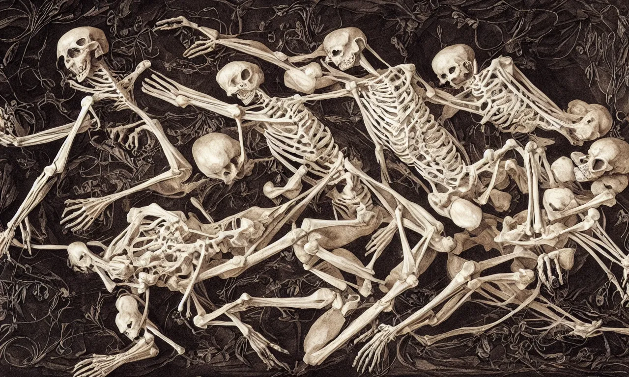 Image similar to intertwined bodies lying on a bed feeling an existential dread of love, HD Mixed media, highly detailed and intricate, skeletal, botany, surreal illustration in the style of Caravaggio, baroque dark art