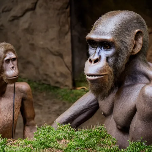 Prompt: human zoo, australopithecus, paranthropus, homo habilis, homo neanderthalensis, homo sapiens in an enclosure, watched by cyborgs, hd photograph