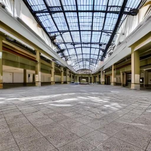 Prompt: distant single toilet in the middle of a huge abandoned mall, wide angle photography