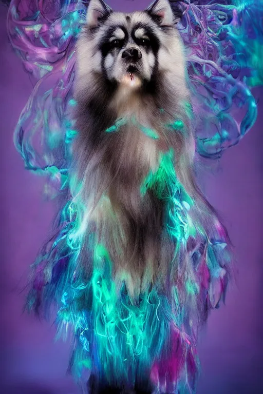 Image similar to flowery long haired alaskan malamute in a bioluminescent forest by malgorzata kmiec and alberto seveso, beautiful, ethereal