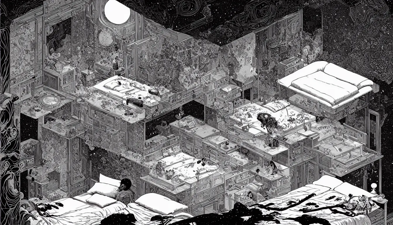 Image similar to epic bedroom by nicolas delort, moebius, victo ngai, josan gonzalez, kilian eng