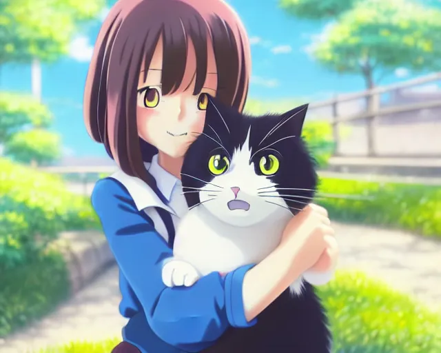 Image similar to anime fine details portrait of joyful girl hugging cat in school, bokeh. anime masterpiece by Studio Ghibli. 8k render, sharp high quality anime illustration in style of Ghibli, artstation