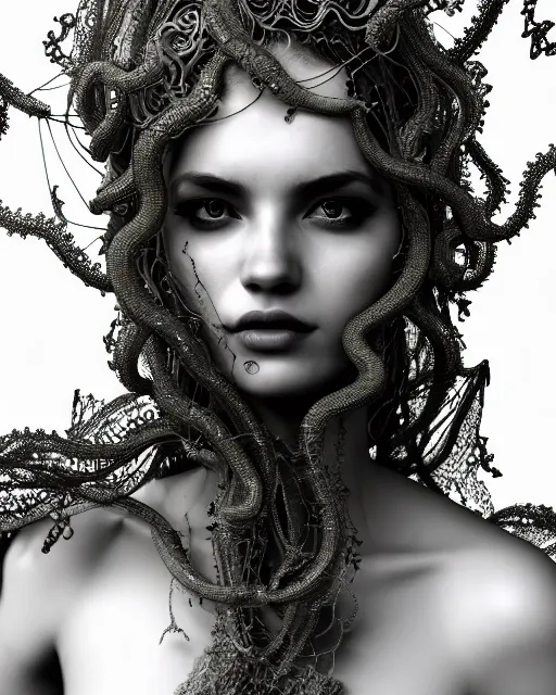 Image similar to surreal mythical dreamy artistic black and white fine art photo of a beautiful young female queen - medusa - cyborg covered with lace fish scales and translucent algae, highly detailed, intricate crystal ivy lace jelly fish scales ornate, poetic, octane render, 8 k, photo - realistic