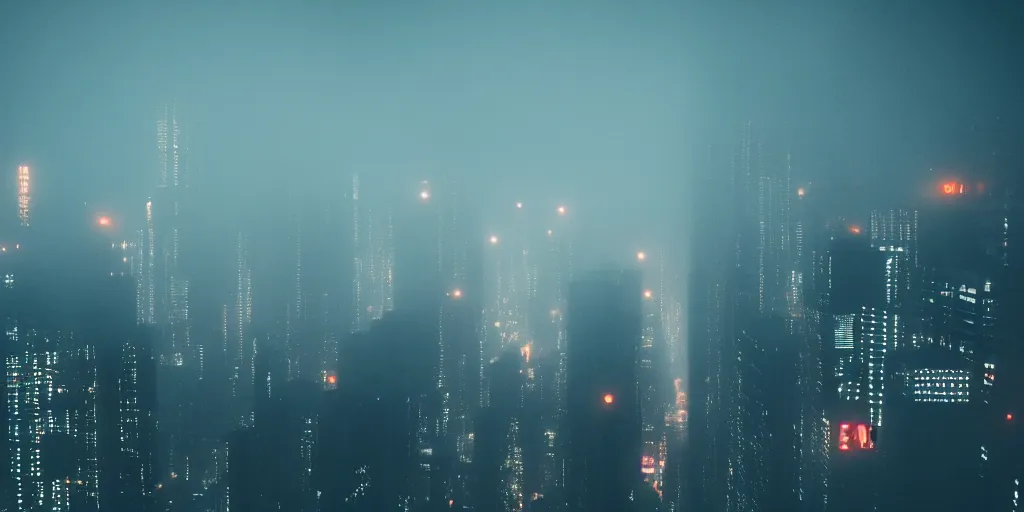 Image similar to megacity streets seen from above, neon signs, giant screens, eerie fog, blade runner, ex machina