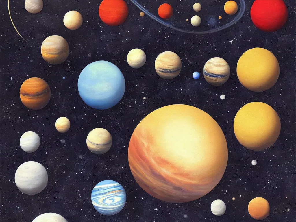 Prompt: A beautiful painting of five planets by Gioele Muscolino and, There are only five planets that are black, white, yellow, red, and blue, behind the galaxy and the universe, Trending on artstation, starry sky