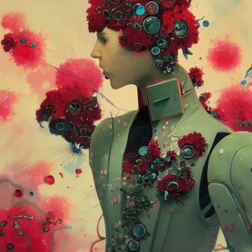 Prompt: surreal gouache painting, by yoshitaka amano, by ruan jia, by conrad roset, by kilian eng, by good smile company, detailed anime 3 d render of a mechanical melting android head with flowers growing out, portrait, cgsociety, artstation, modular patterned mechanical costume and headpiece, retrowave atmosphere