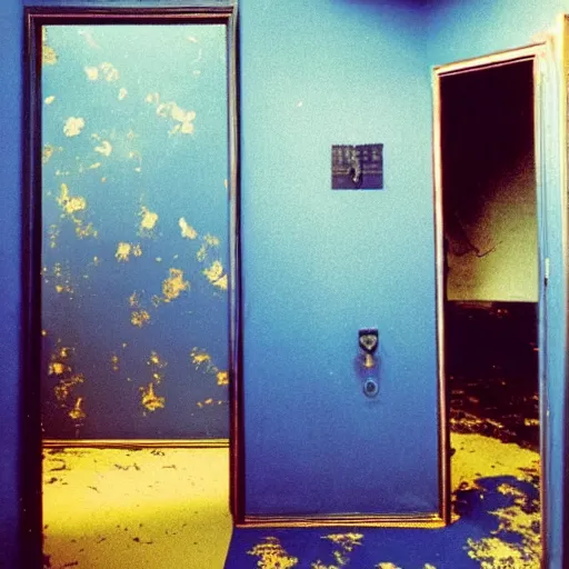 Prompt: a black unicorn in a blue and gold haunted liminal abandoned room, film still by david lynch, limited color palette, very intricate, art noveau, highly detailed, strong lights, liminal, eerie, bright pastel colors