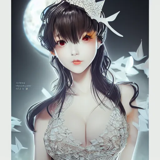 Prompt: the portrait of an absurdly beautiful, elegant, fashionable gravure idol made of white paper origami cranes, hyperrealistic anime illustration by kim jung gi, iralki nadar, extremely detailed intricate linework, reflective eyes, smooth, super sharp focus, bright colors, high contrast, matte, octopath traveler, unreal engine 5 highly rendered, global illumination, radiant light 1