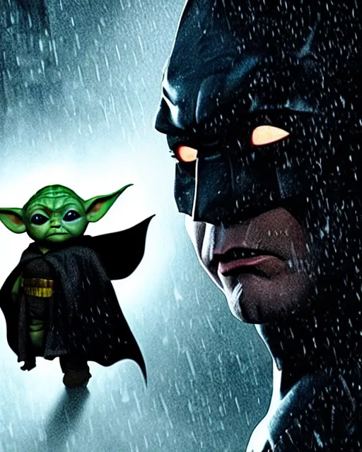 Prompt: epic closeup cinematic still of baby yoda as batman wearing batman costume with batmask and batcape as batman in atmospheric rainy alleyway in the style of batman the dark knight rises, 8 k backlit, rim lighting, dramatic moonlight lighting, beautiful composition